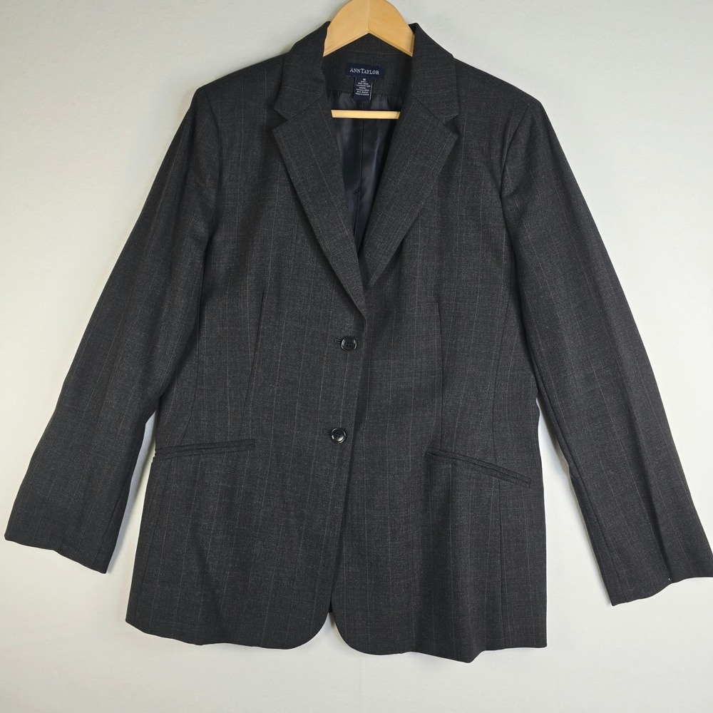 Ann Taylor Womens 10 Gray Pinstripe Wool Blend 2-Button Blazer Jacket Office